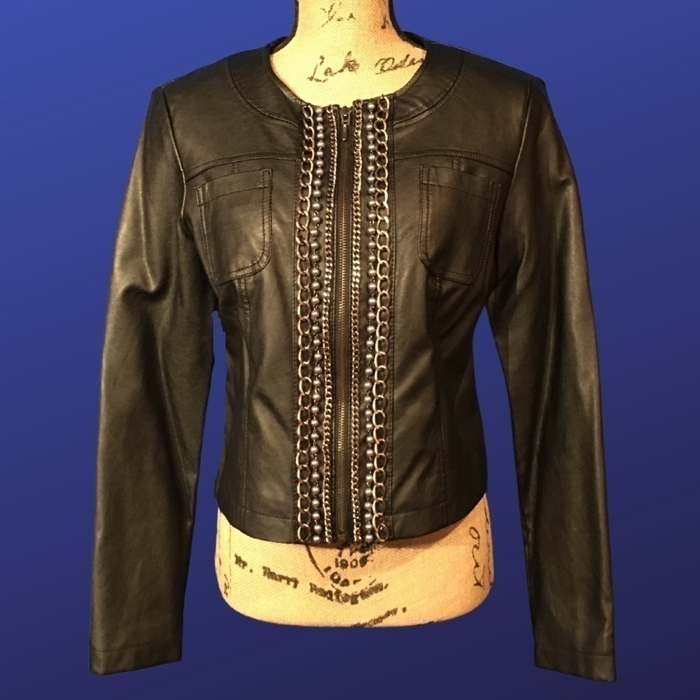 CLOTHES by REVUE 100% Faux Leather Blazer Jacket, BLACK/Chains/Pearls, Size S